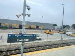 Pomona North Station-catenary towers in the background belong to the future LACMTA A Line light rail route extension to and from Montclair